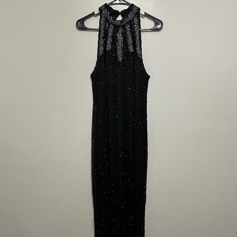 Brilliant By J.A. 100% Silk Dress L Long Black Embellished Beads Sleeveless Flaw